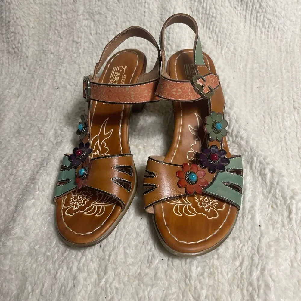 L'ATISTE by Spring Step Yovela multi color Floral Sandals block heels SZ42 US10